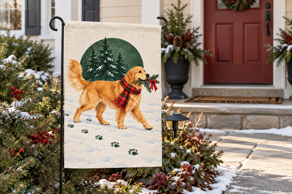 Golden Retriever Christmas Printed Garden Flag, lifestyle view 4: One flag on its separate black garden stake in a mailbox garden with restrained October seasonal planting, wide but product-led welcoming suburban scene.