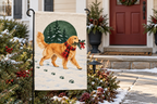 Golden Retriever Christmas Printed Garden Flag, lifestyle view 4: One flag on its separate black garden stake in a mailbox garden with restrained October seasonal planting, wide but product-led welcoming suburban scene.