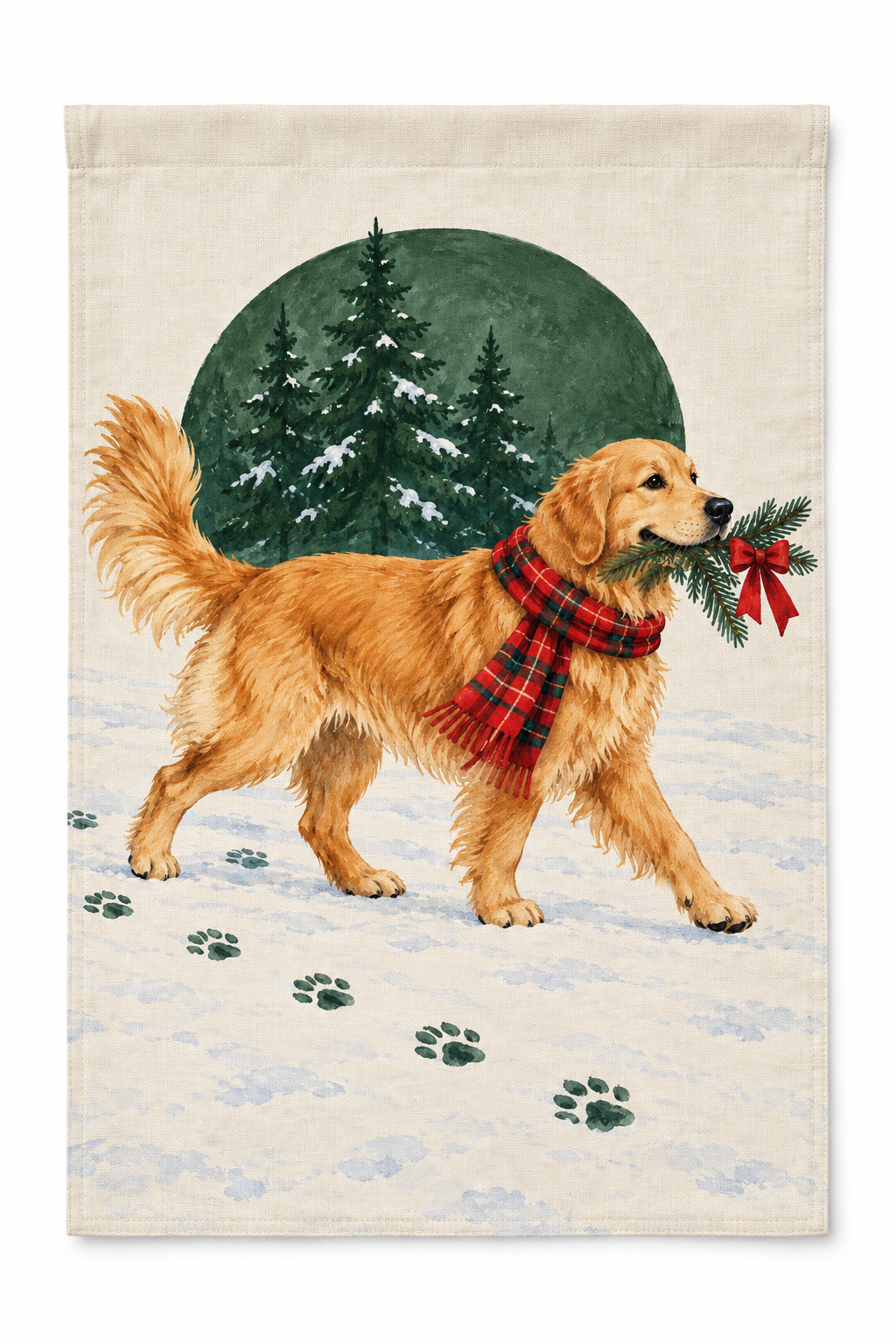 Golden Retriever Christmas Printed Garden Flag on a white background, showing the complete printed design.