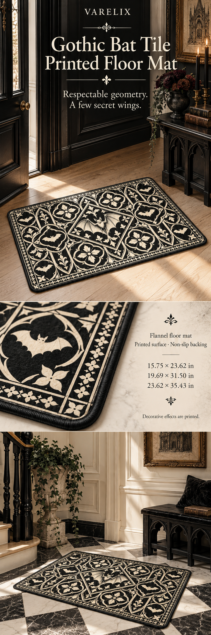Gothic Bat Tile Printed Floor Mat by VARELIX, A+ detail poster with verified material, sizes and included items.