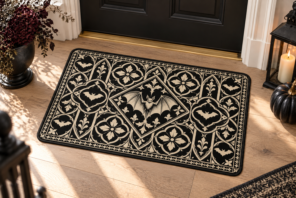 Gothic Bat Tile Printed Floor Mat, lifestyle view 1: One mat laid flat INSIDE the front door, full landscape mat and all four rounded corners visible at small accent-mat scale, angled downward photography.