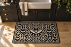 Gothic Bat Tile Printed Floor Mat, lifestyle view 2: One mat on the kitchen floor in front of a sink or coffee station, full printed surface readable, no furniture hiding the design.