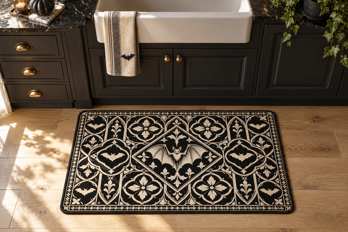 Gothic Bat Tile Printed Floor Mat, lifestyle view 2: One mat on the kitchen floor in front of a sink or coffee station, full printed surface readable, no furniture hiding the design.