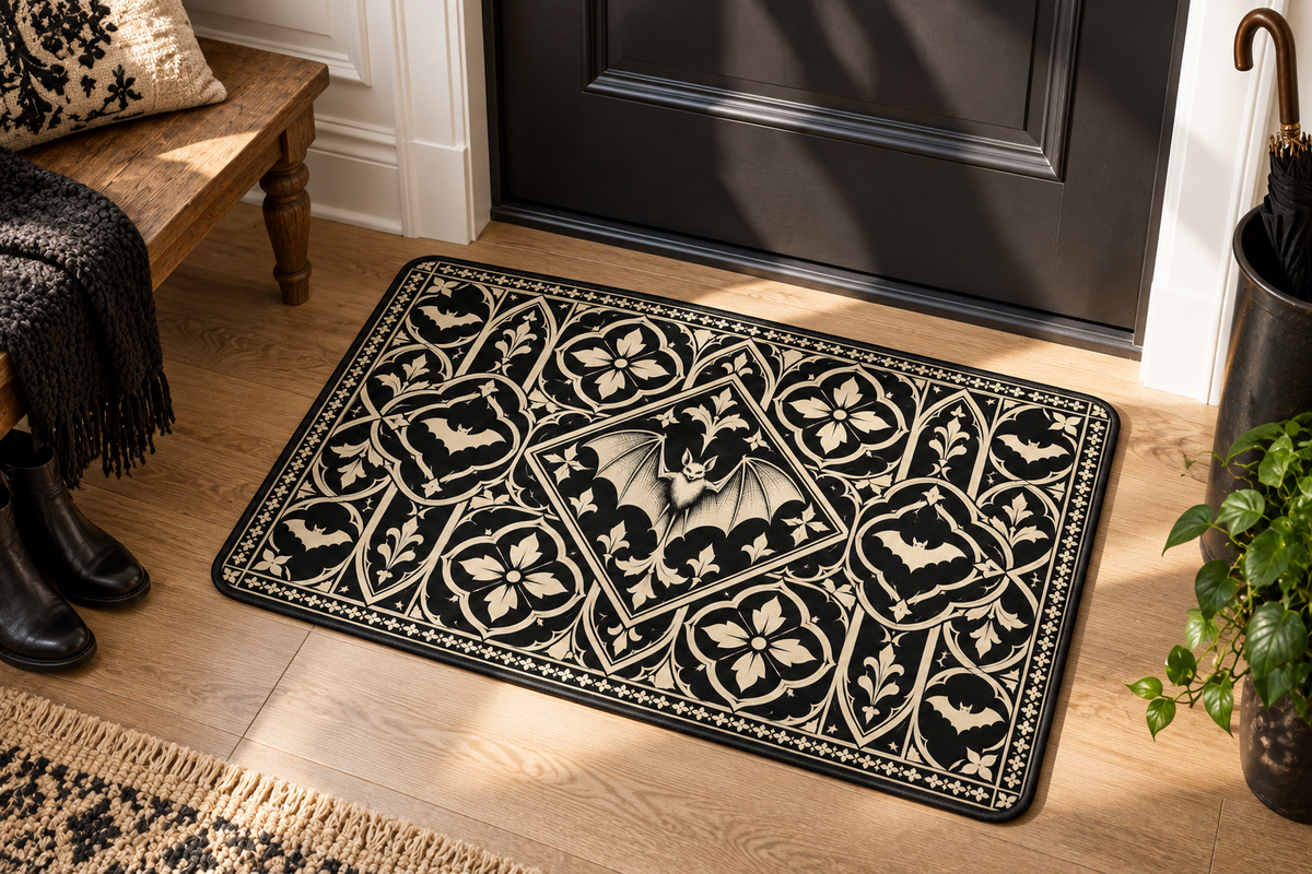 Gothic Bat Tile Printed Floor Mat, lifestyle view 3: One mat in a tidy indoor mudroom beside a small bench, photographed slightly above with realistic 16 by 24 inch scale.