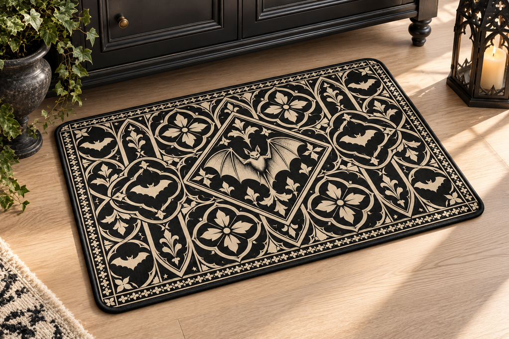 Gothic Bat Tile Printed Floor Mat, lifestyle view 4: Close overhead-oblique view of one mat on a clean pale-wood floor near a cabinet, all four corners in frame, soft side light reveals short flannel nap.
