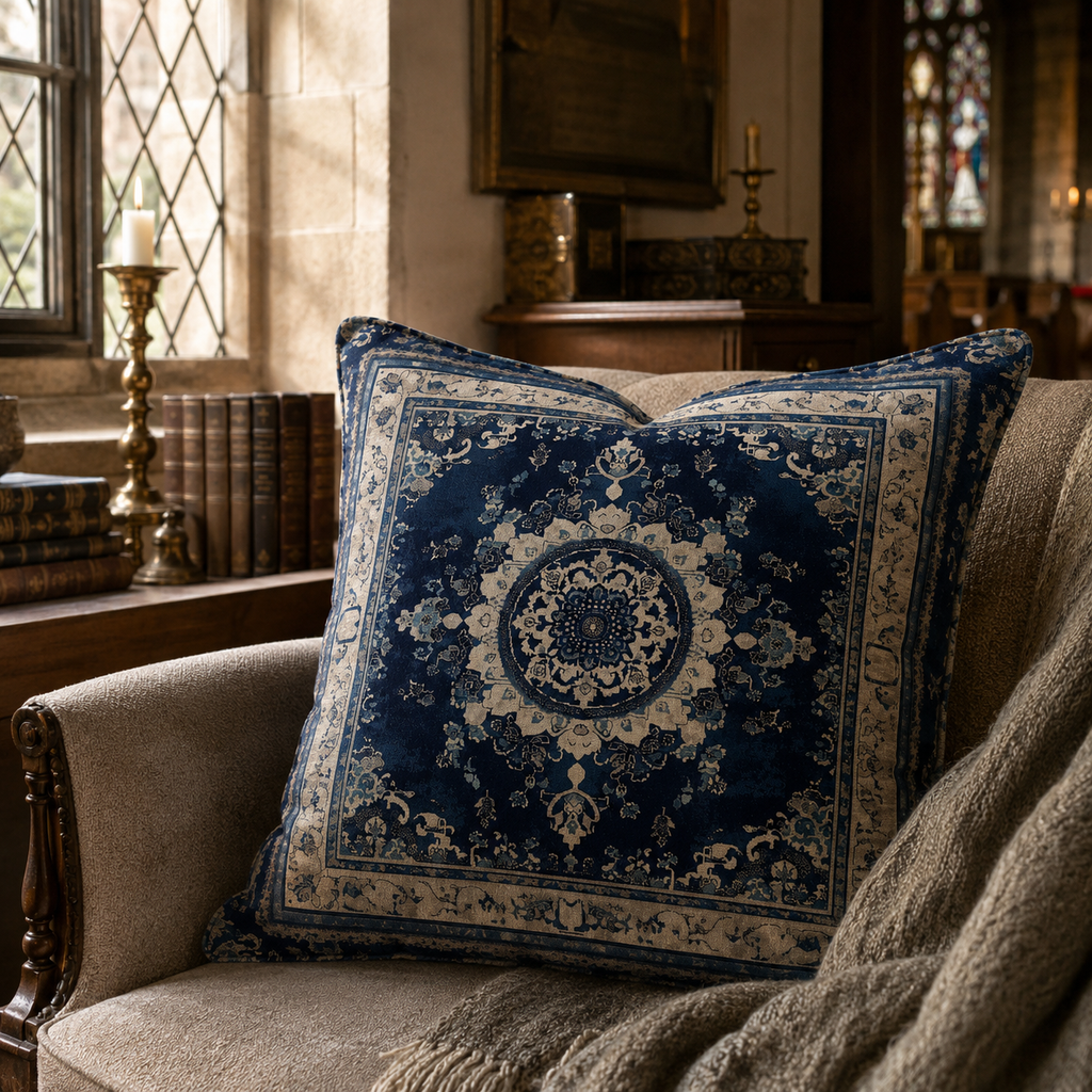 Gothic blue pillow cover styled beside stained glass cathedral windows.