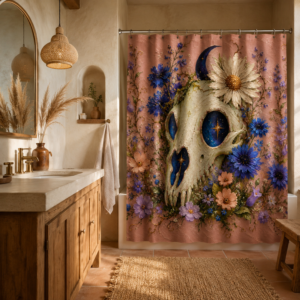 Gothic boho style floral animal skull shower curtain paired with a rustic wooden vanity cabinet and warm lighting.
