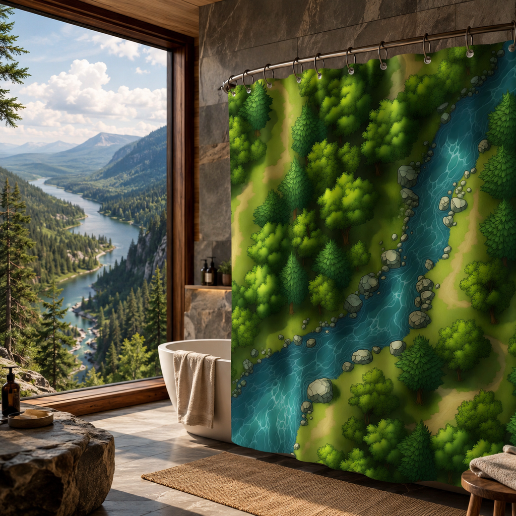 Whimsical green forest shower curtain in a luxury bathroom with a panoramic glass window overlooking a deep canyon.