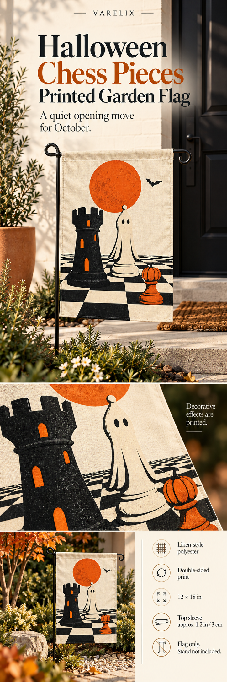 Halloween Chess Pieces Printed Garden Flag by VARELIX, A+ detail poster with verified material, sizes and included items.