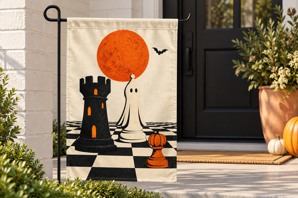 Halloween Chess Pieces Printed Garden Flag, lifestyle view 3: Closer view of the flag on its separate black L-shaped stake near a porch post, the real cloth top sleeve threading over the horizontal bar, print clearly readable.