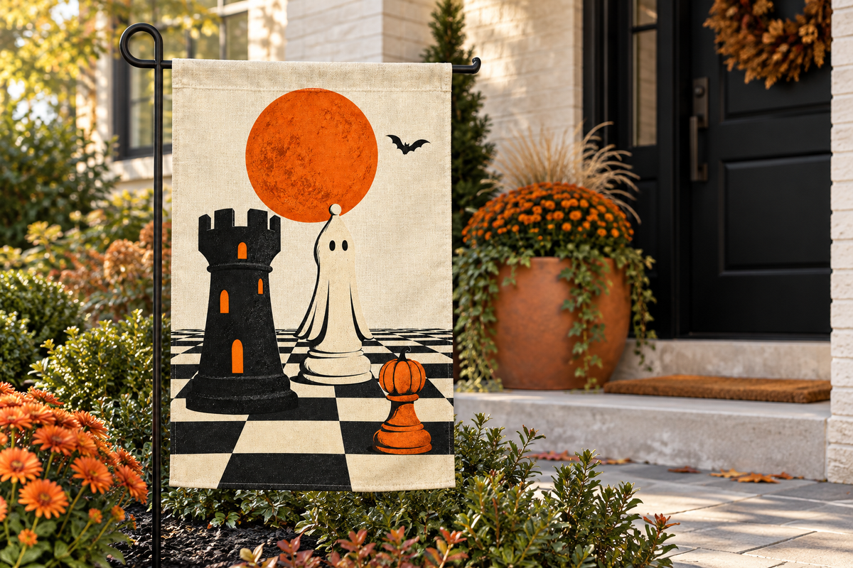 Halloween Chess Pieces Printed Garden Flag, lifestyle view 4: One flag on its separate black garden stake in a mailbox garden with restrained October seasonal planting, wide but product-led welcoming suburban scene.