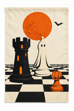 Halloween Chess Pieces Printed Garden Flag on a white background, showing the complete printed design.