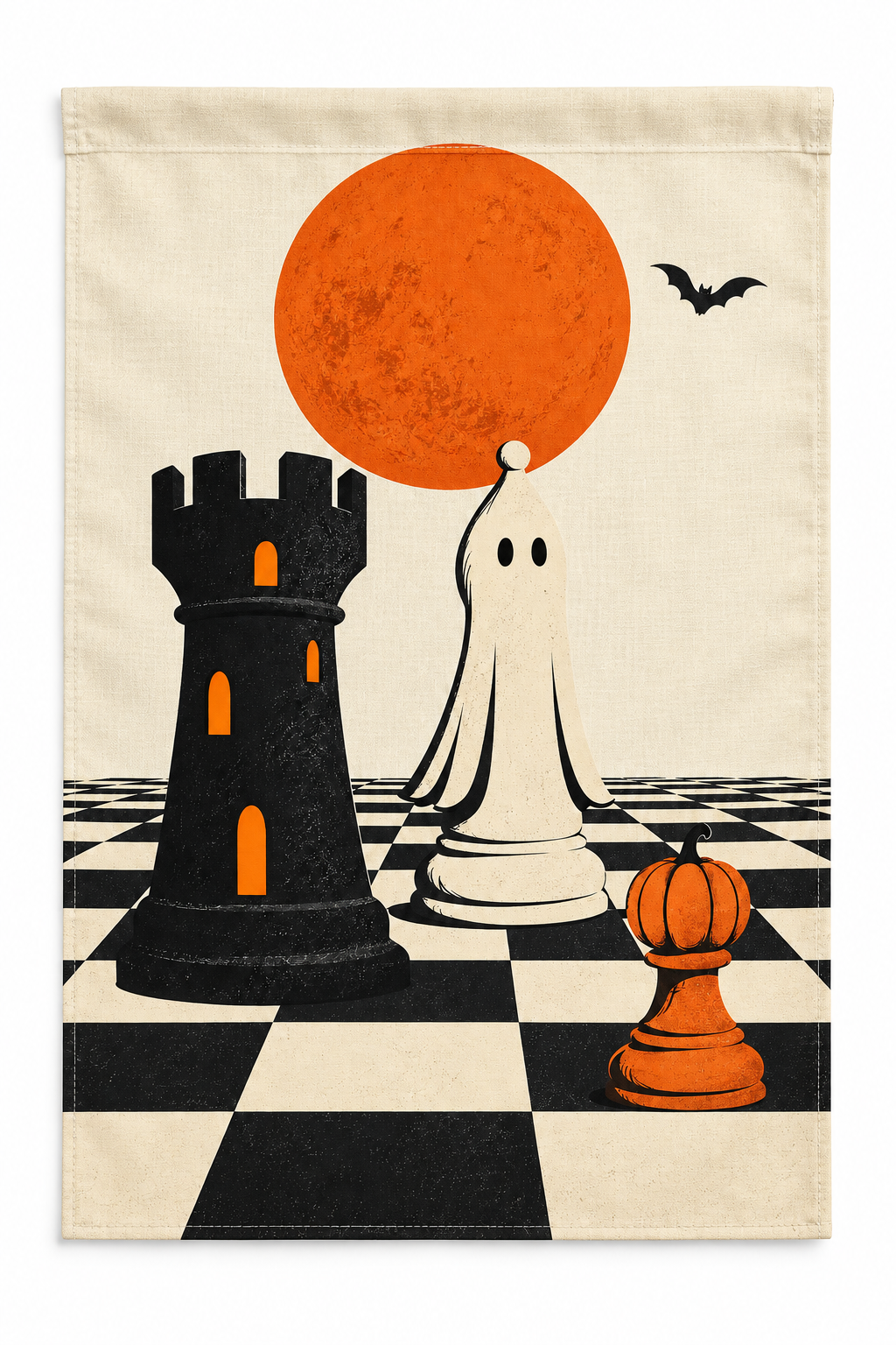 Halloween Chess Pieces Printed Garden Flag on a white background, showing the complete printed design.