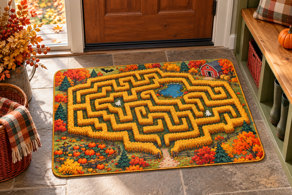 Halloween Corn Maze Map Printed Floor Mat, lifestyle view 1: One mat laid flat INSIDE the front door, full landscape mat and all four rounded corners visible at small accent-mat scale, angled downward photography.