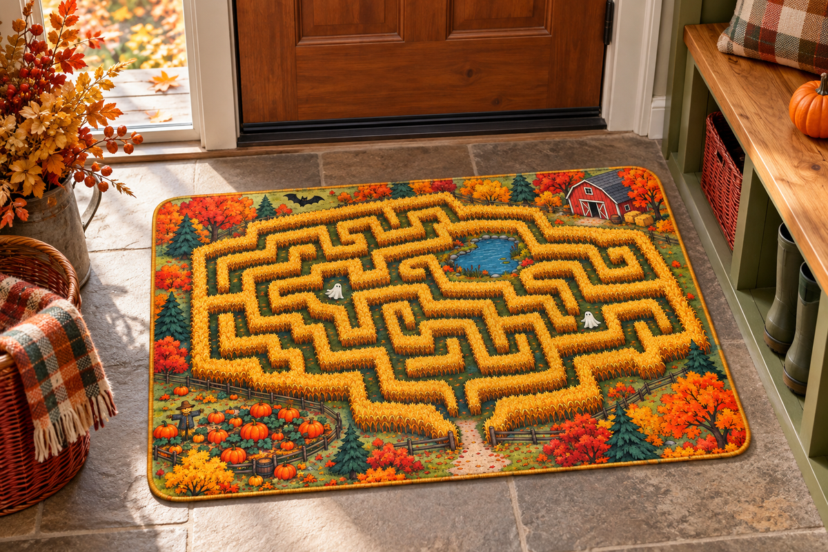 Halloween Corn Maze Map Printed Floor Mat, lifestyle view 1: One mat laid flat INSIDE the front door, full landscape mat and all four rounded corners visible at small accent-mat scale, angled downward photography.