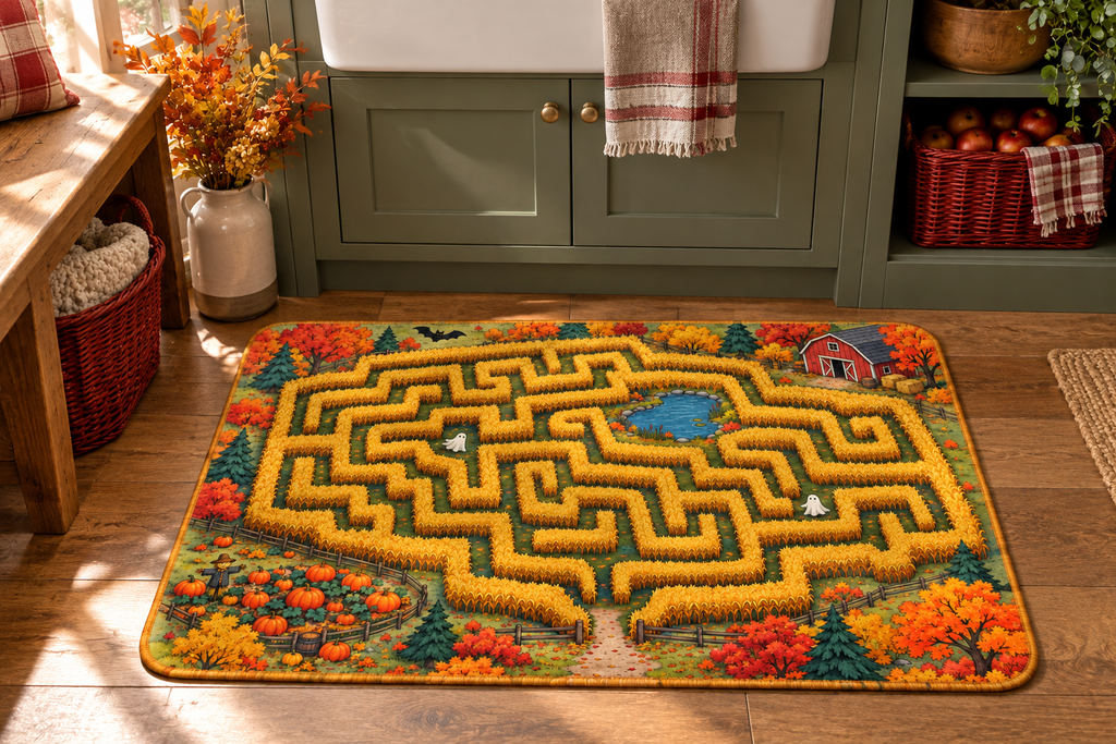 Halloween Corn Maze Map Printed Floor Mat, lifestyle view 2: One mat on the kitchen floor in front of a sink or coffee station, full printed surface readable, no furniture hiding the design.