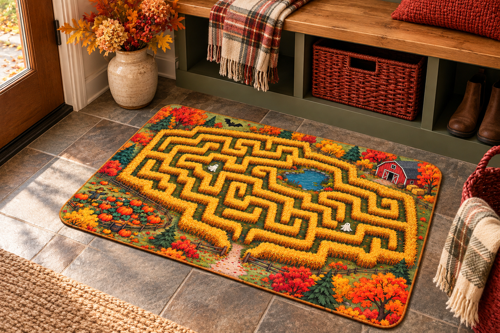 Halloween Corn Maze Map Printed Floor Mat, lifestyle view 3: One mat in a tidy indoor mudroom beside a small bench, photographed slightly above with realistic 16 by 24 inch scale.
