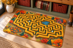 Halloween Corn Maze Map Printed Floor Mat, lifestyle view 4: Close overhead-oblique view of one mat on a clean pale-wood floor near a cabinet, all four corners in frame, soft side light reveals short flannel nap.