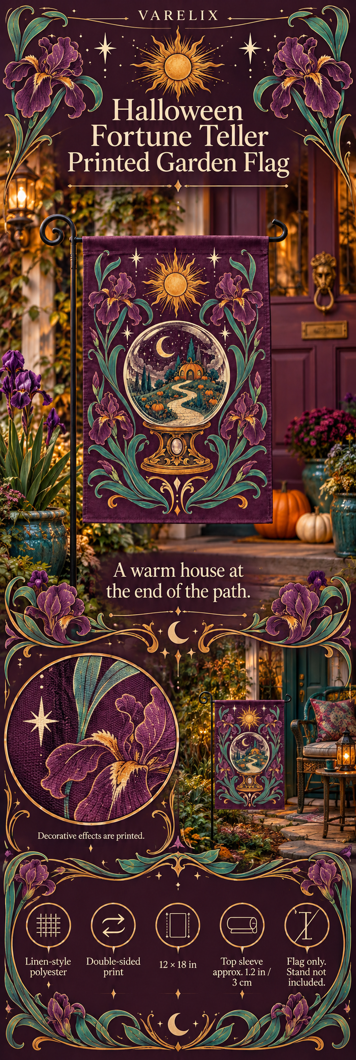 Halloween Fortune Teller Printed Garden Flag by VARELIX, A+ detail poster with verified material, sizes and included items.