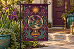 Halloween Fortune Teller Printed Garden Flag, lifestyle view 1: One flag on a simple separate black L-shaped garden stake beside a front porch planter, all of the flag readable, late-afternoon natural light.