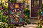 Halloween Fortune Teller Printed Garden Flag, lifestyle view 2: One flag on a separate black garden stake along a short garden path, lower garden view with planting behind; no people, full rectangle visible.