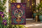 Halloween Fortune Teller Printed Garden Flag, lifestyle view 3: Closer view of the flag on its separate black L-shaped stake near a porch post, the real cloth top sleeve threading over the horizontal bar, print clearly readable.