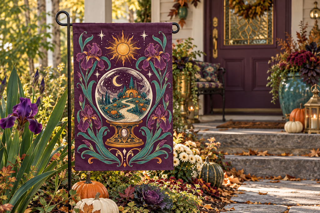 Halloween Fortune Teller Printed Garden Flag, lifestyle view 4: One flag on its separate black garden stake in a mailbox garden with restrained October seasonal planting, wide but product-led welcoming suburban scene.