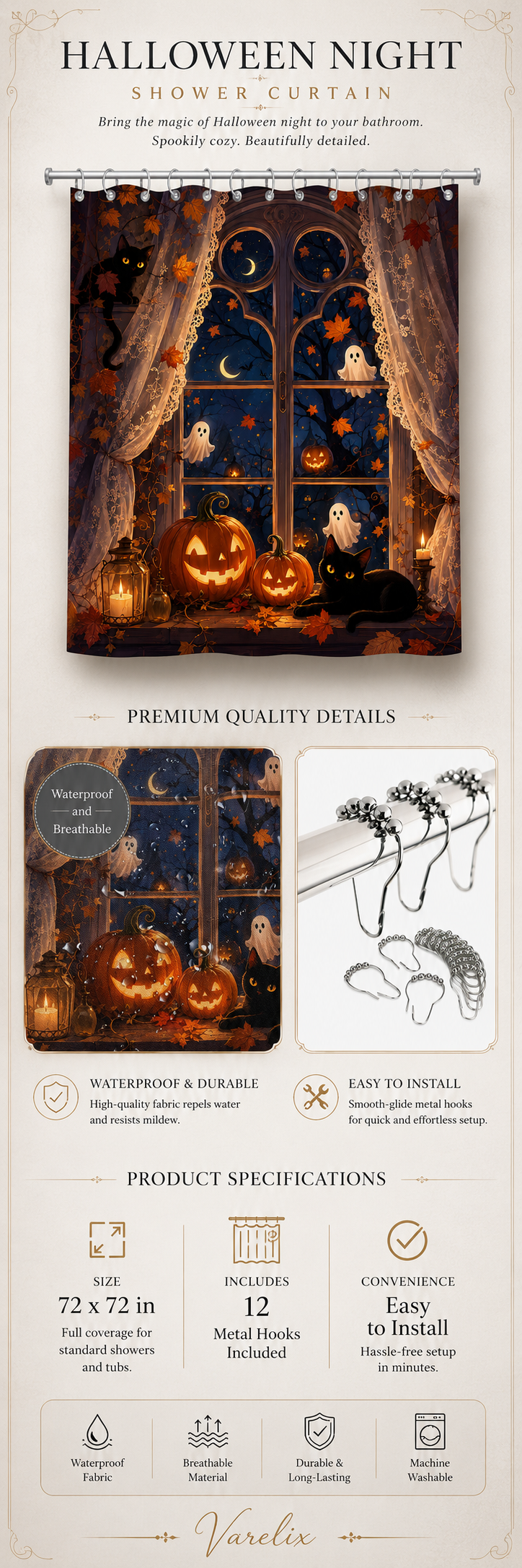 Detailed product infographic for Varelix brand featuring a Halloween night shower curtain, showcasing its waterproof fabric, 12 metal hooks, and 72x72 inches size.