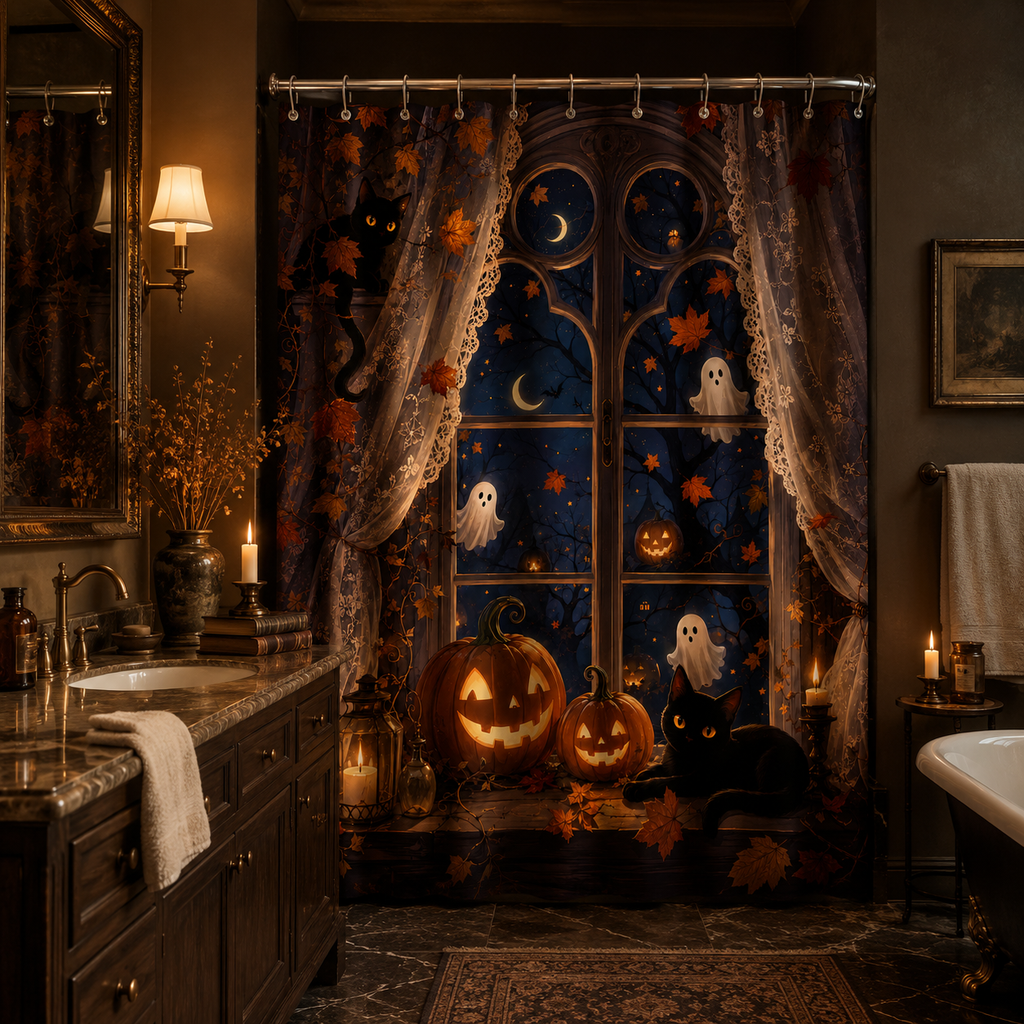 Cozy Halloween night shower curtain paired with a vintage dark wooden vanity, marble countertop, and warm candlelight.