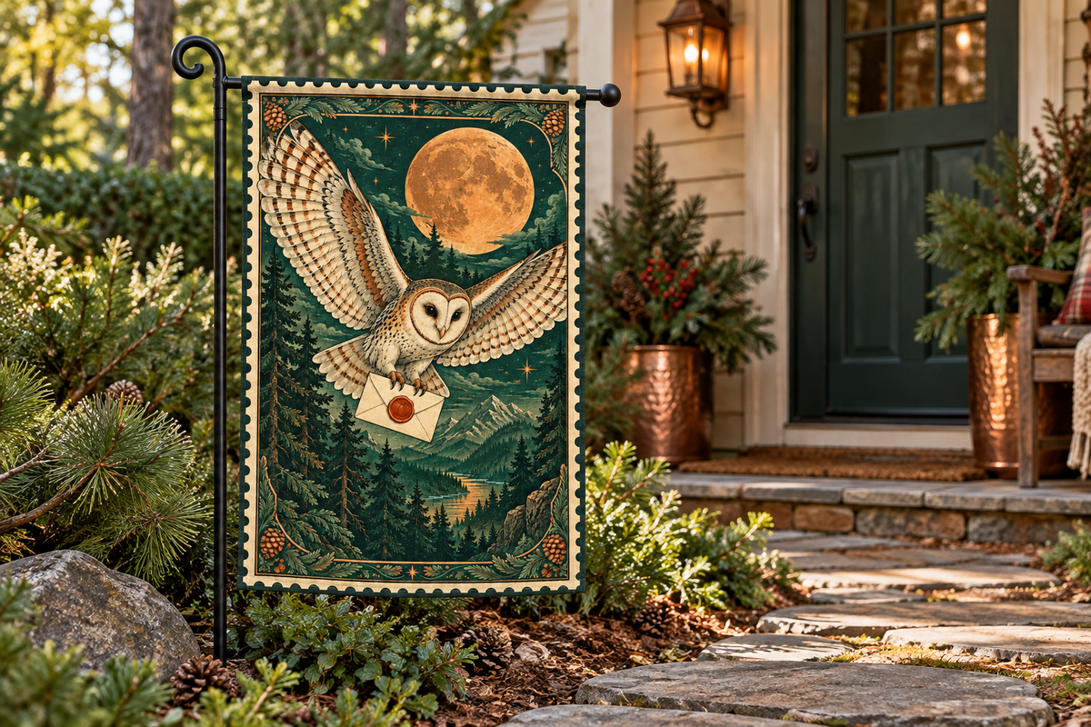 Halloween Owl Postage Printed Garden Flag, lifestyle view 2: One flag on a separate black garden stake along a short garden path, lower garden view with planting behind; no people, full rectangle visible.