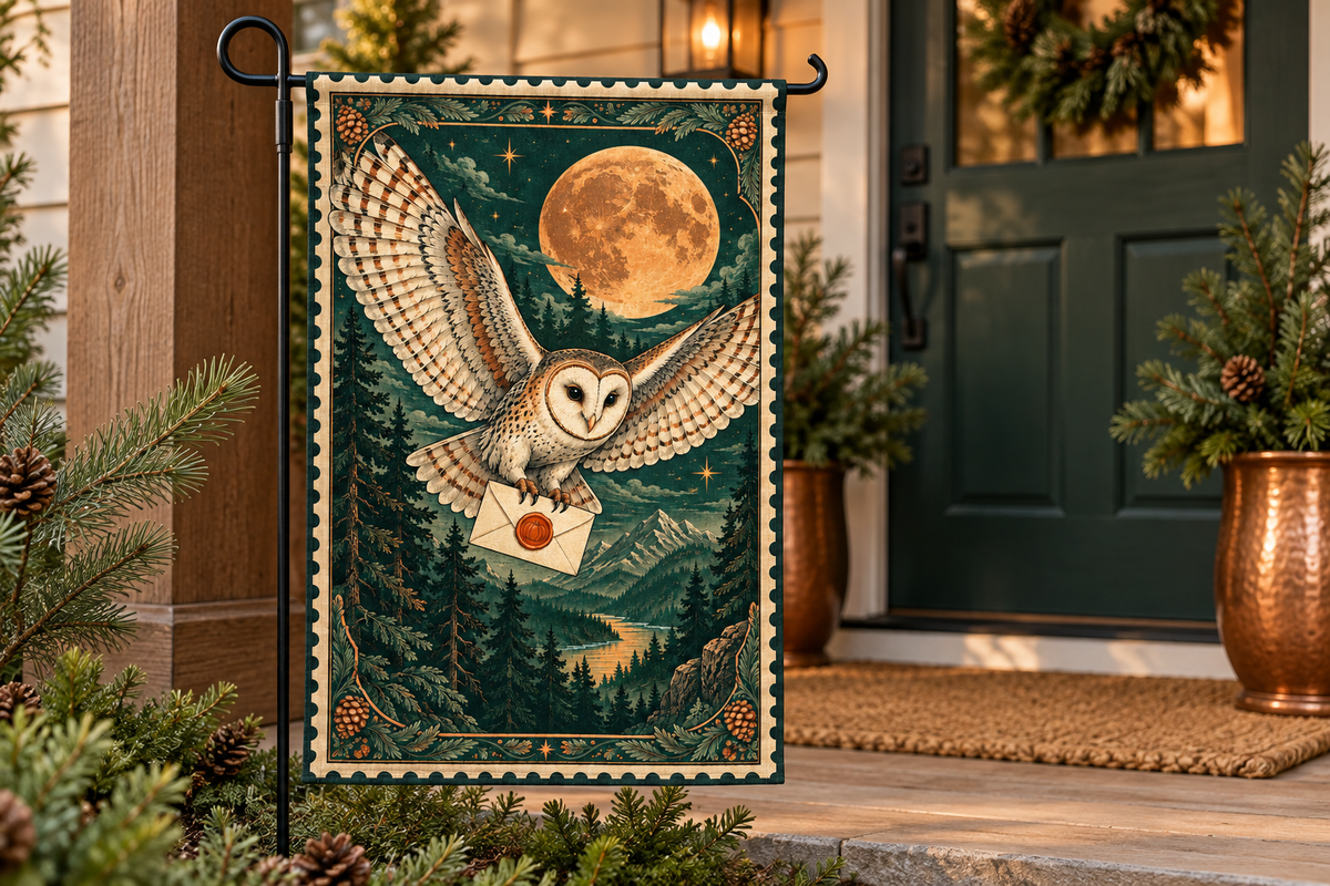 Halloween Owl Postage Printed Garden Flag, lifestyle view 3: Closer view of the flag on its separate black L-shaped stake near a porch post, the real cloth top sleeve threading over the horizontal bar, print clearly readable.