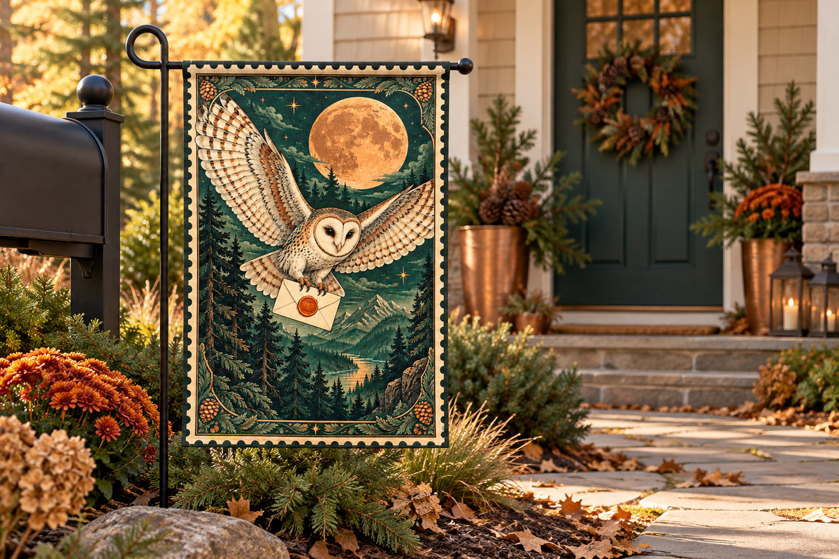 Halloween Owl Postage Printed Garden Flag, lifestyle view 4: One flag on its separate black garden stake in a mailbox garden with restrained October seasonal planting, wide but product-led welcoming suburban scene.