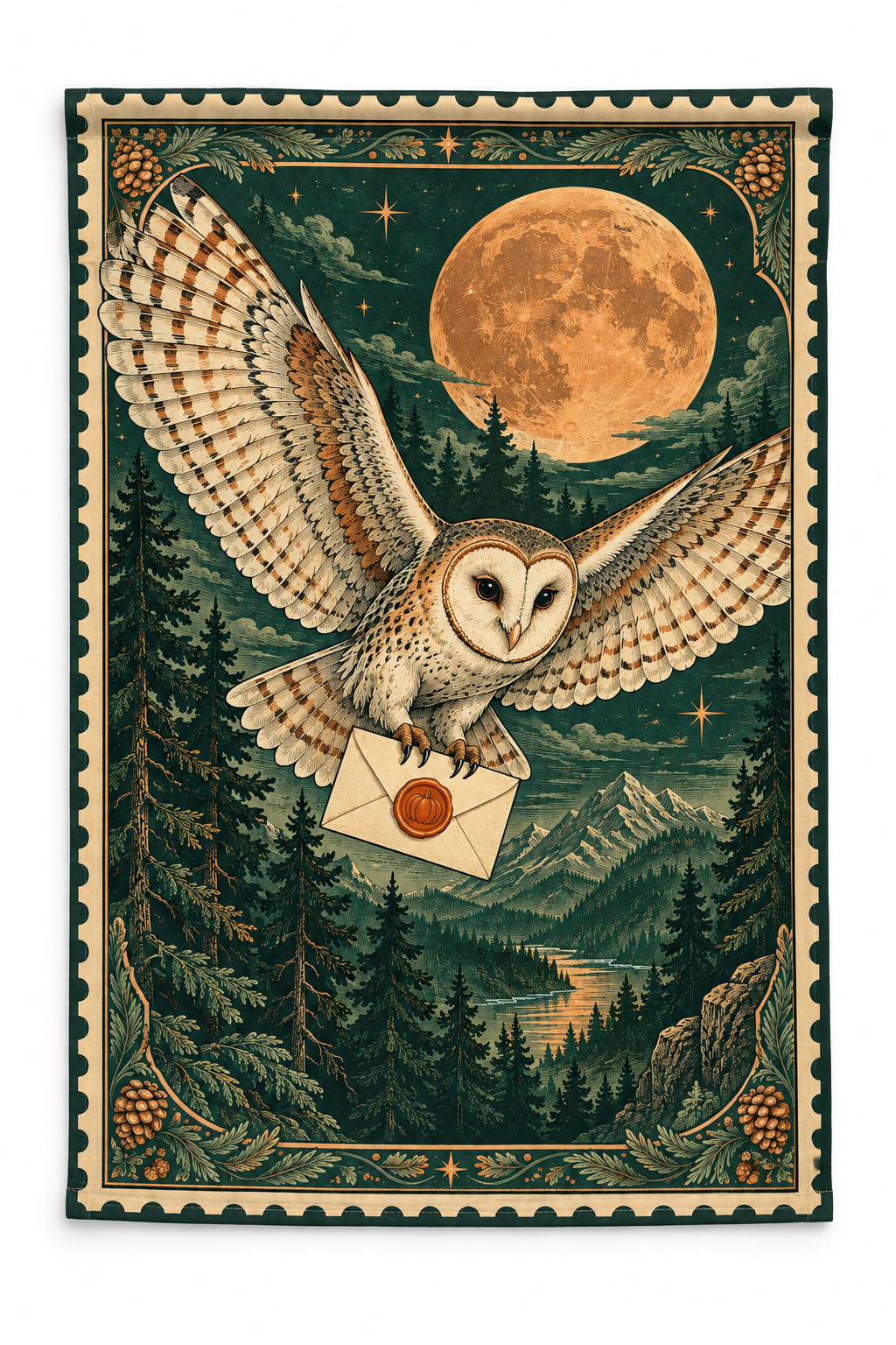 Halloween Owl Postage Printed Garden Flag on a white background, showing the complete printed design.