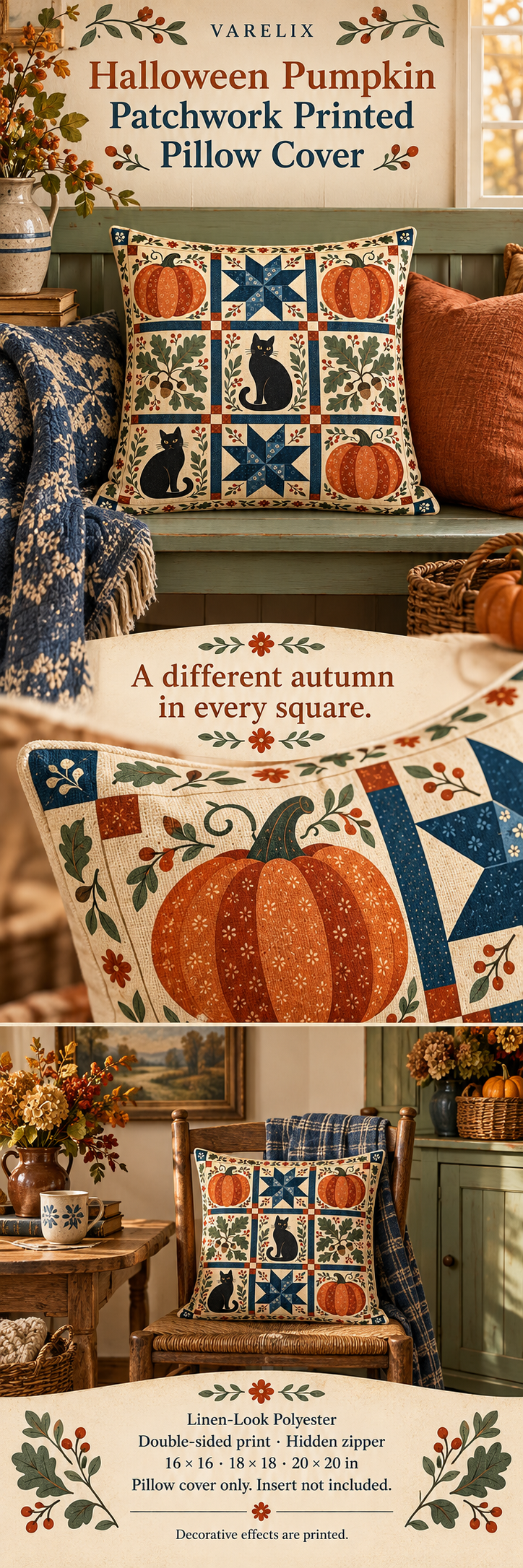 Halloween Pumpkin Patchwork Printed Pillow Cover by VARELIX, A+ detail poster with verified material, sizes and included items.