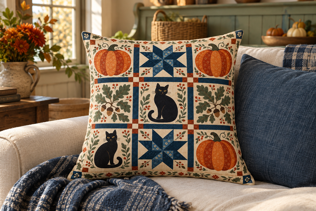 Halloween Pumpkin Patchwork Printed Pillow Cover, lifestyle view 2: A prominent single pillow on a sofa beside one plain solid-colored cushion; medium interior composition, product fills at least 40 percent of frame.