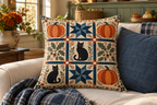 Halloween Pumpkin Patchwork Printed Pillow Cover, lifestyle view 2: A prominent single pillow on a sofa beside one plain solid-colored cushion; medium interior composition, product fills at least 40 percent of frame.