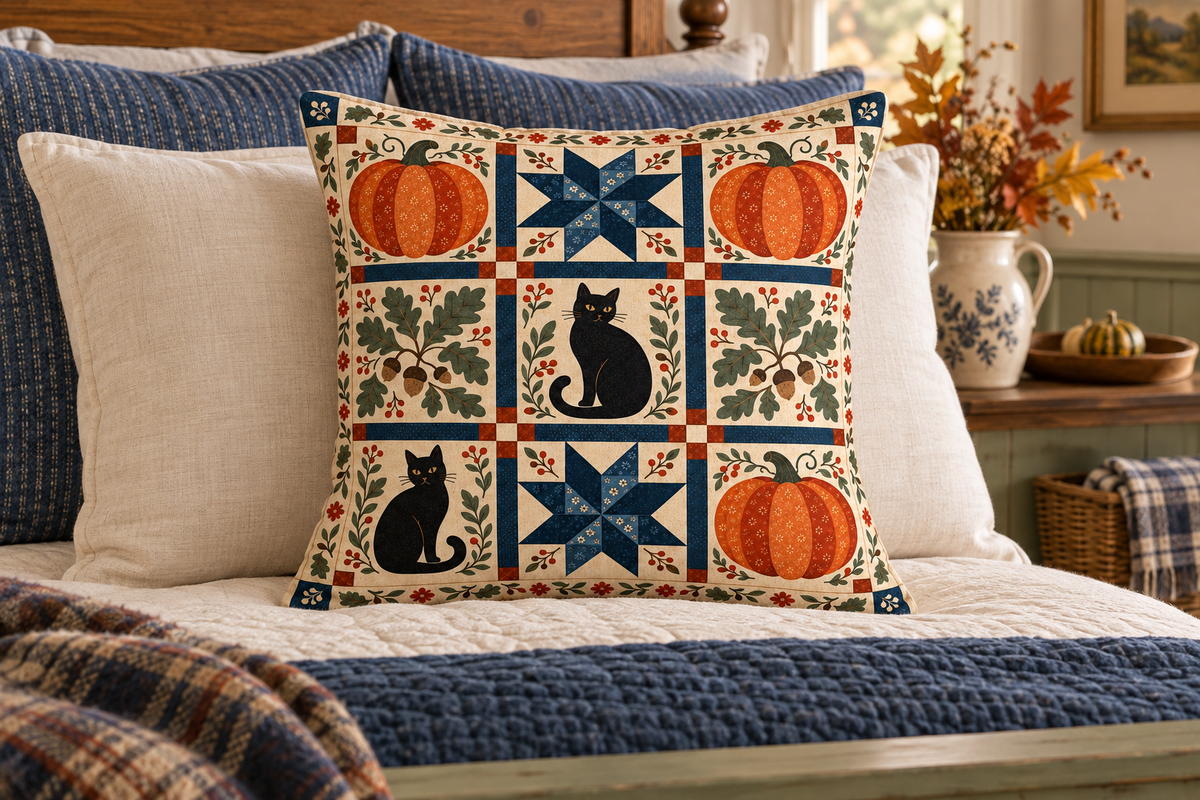 Halloween Pumpkin Patchwork Printed Pillow Cover, lifestyle view 3: Centered in front of plain pillows on a neatly made guest bed; eye-level composition, believable 18-inch pillow scale.