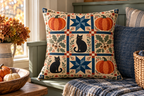 Halloween Pumpkin Patchwork Printed Pillow Cover, lifestyle view 4: Close editorial view on an indoor window bench, full pillow and all edges visible, gentle side light reveals the real textile texture.