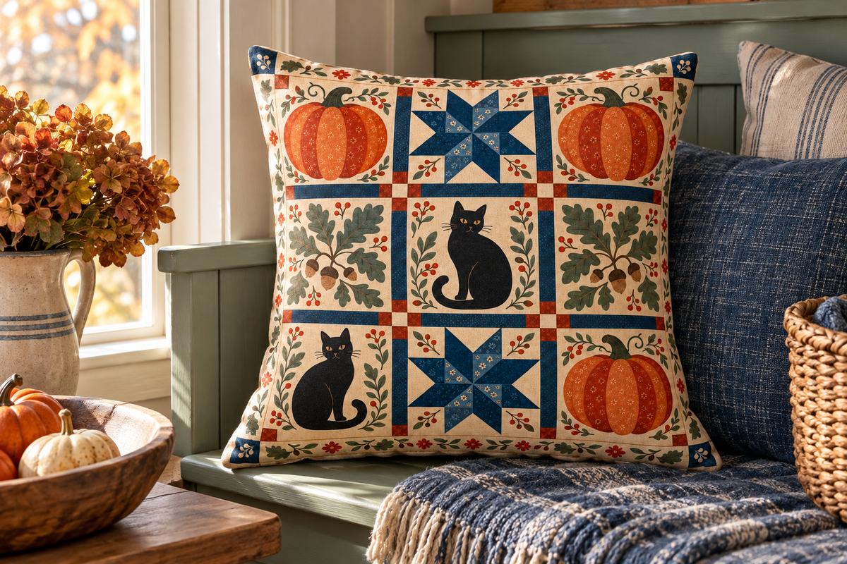 Halloween Pumpkin Patchwork Printed Pillow Cover, lifestyle view 4: Close editorial view on an indoor window bench, full pillow and all edges visible, gentle side light reveals the real textile texture.