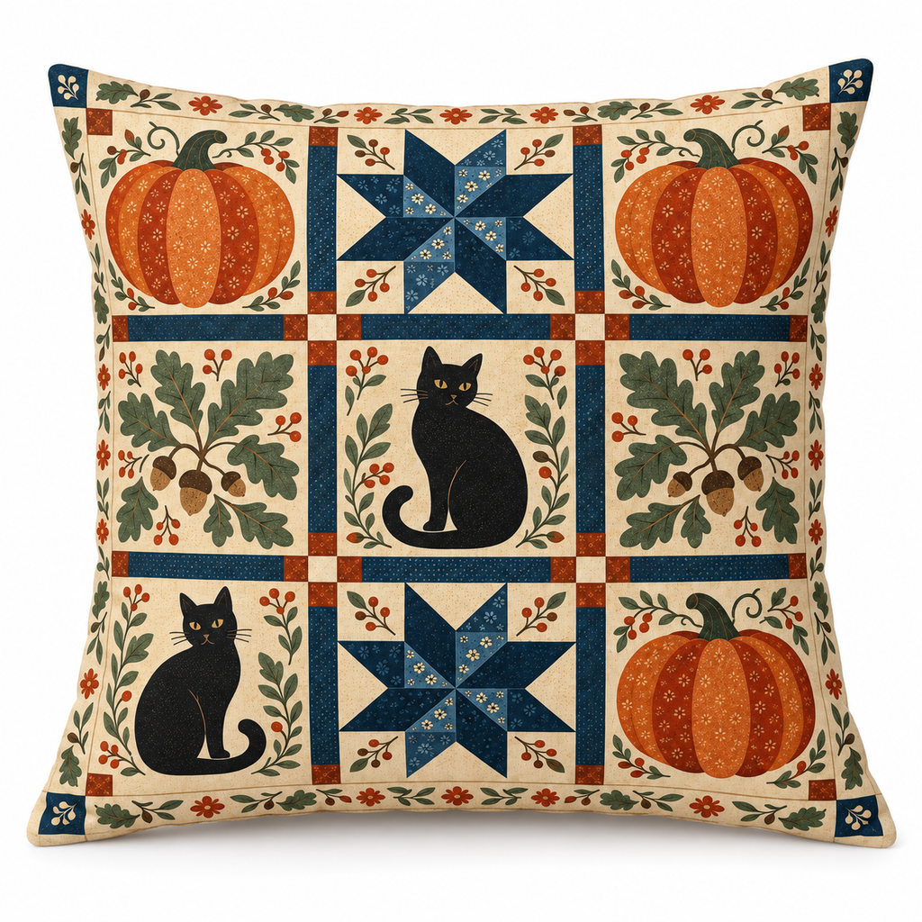 Halloween Pumpkin Patchwork Printed Pillow Cover on a white background, showing the complete printed design.