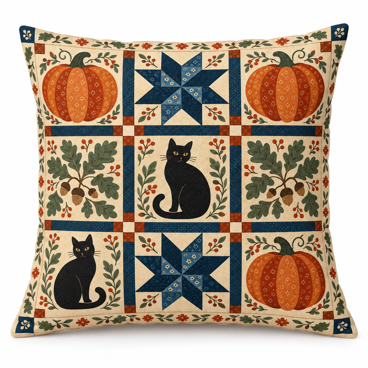 Halloween Pumpkin Patchwork Printed Pillow Cover on a white background, showing the complete printed design.