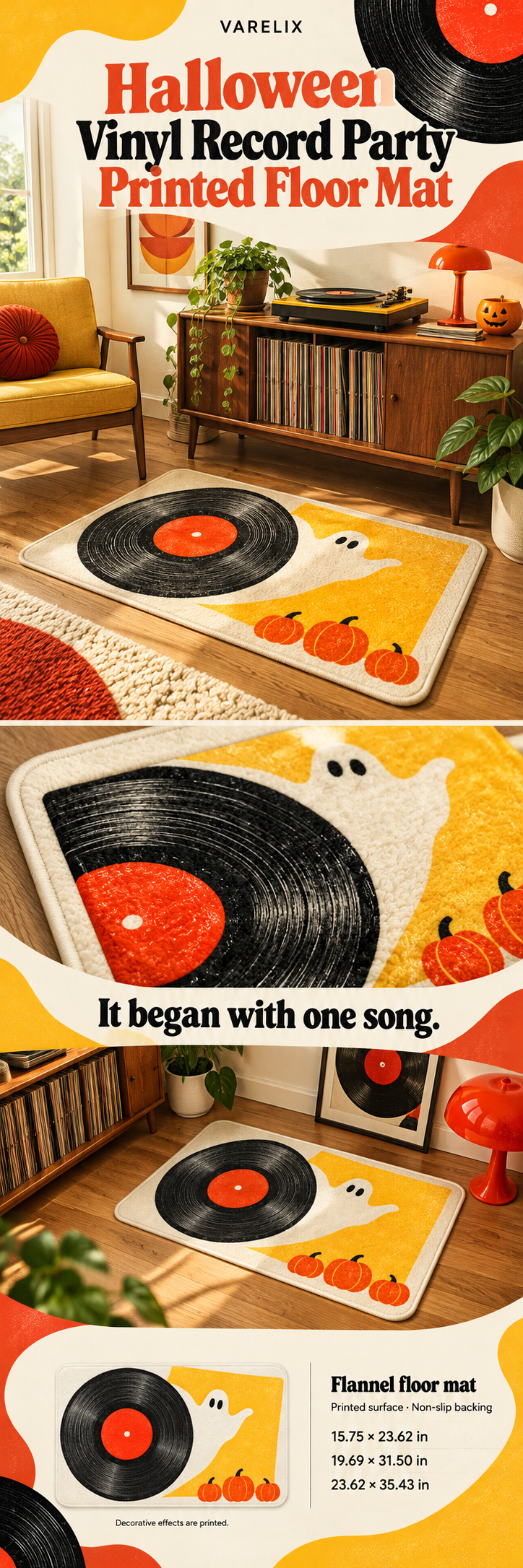 Halloween Vinyl Record Party Printed Floor Mat by VARELIX, A+ detail poster with verified material, sizes and included items.