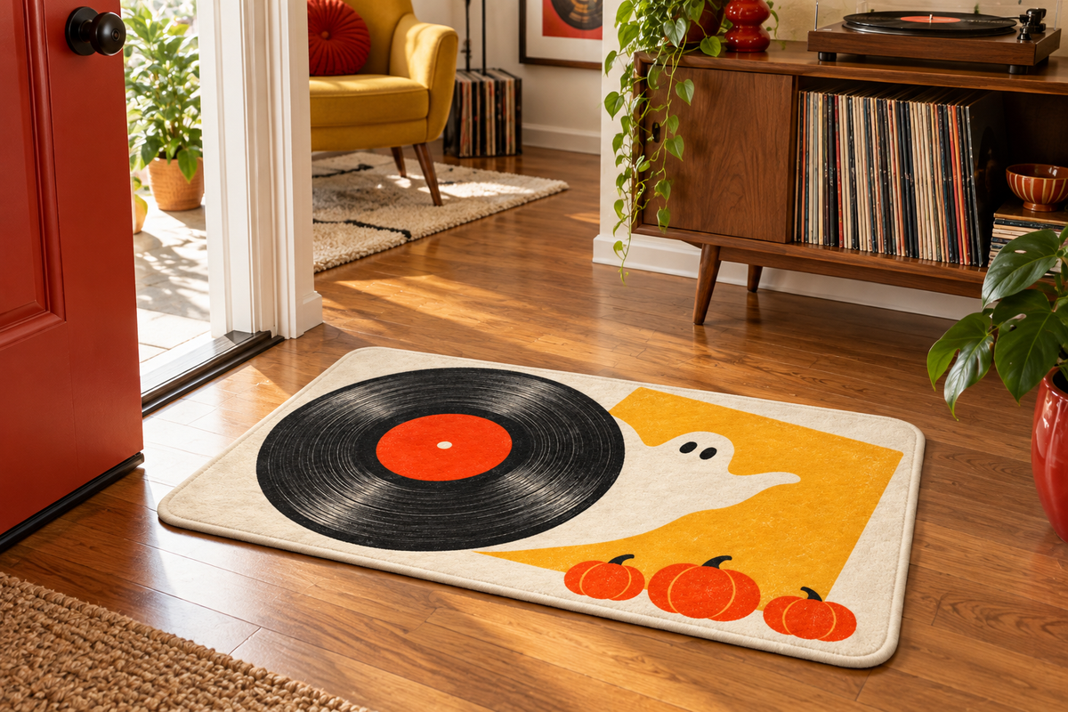 Halloween Vinyl Record Party Printed Floor Mat, lifestyle view 1: One mat laid flat INSIDE the front door, full landscape mat and all four rounded corners visible at small accent-mat scale, angled downward photography.