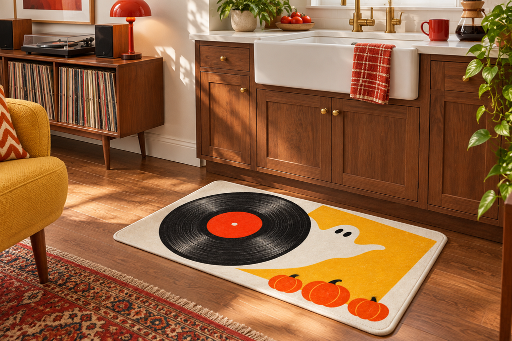 Halloween Vinyl Record Party Printed Floor Mat, lifestyle view 2: One mat on the kitchen floor in front of a sink or coffee station, full printed surface readable, no furniture hiding the design.