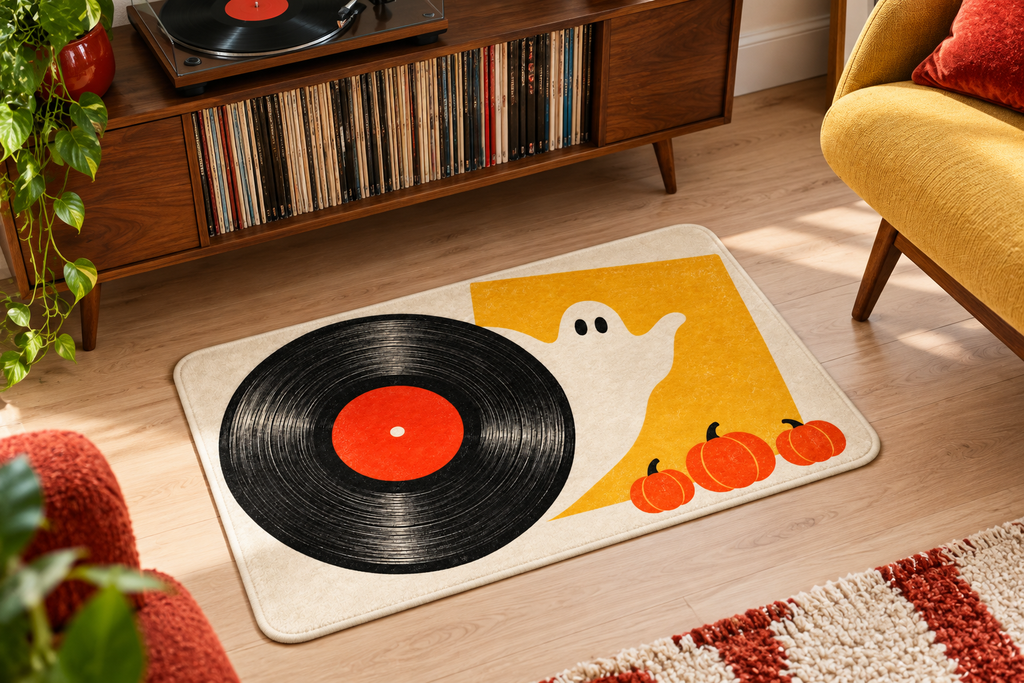 Halloween Vinyl Record Party Printed Floor Mat, lifestyle view 4: Close overhead-oblique view of one mat on a clean pale-wood floor near a cabinet, all four corners in frame, soft side light reveals short flannel nap.
