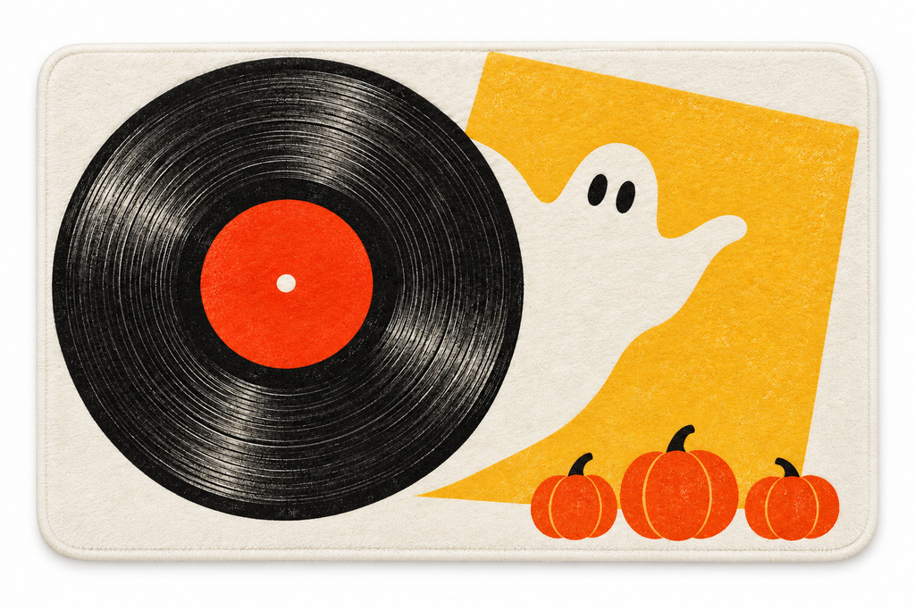 Halloween Vinyl Record Party Printed Floor Mat on a white background, showing the complete printed design.