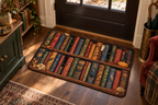 Haunted Bookcase Printed Floor Mat, lifestyle view 1: One mat laid flat INSIDE the front door, full landscape mat and all four rounded corners visible at small accent-mat scale, angled downward photography.