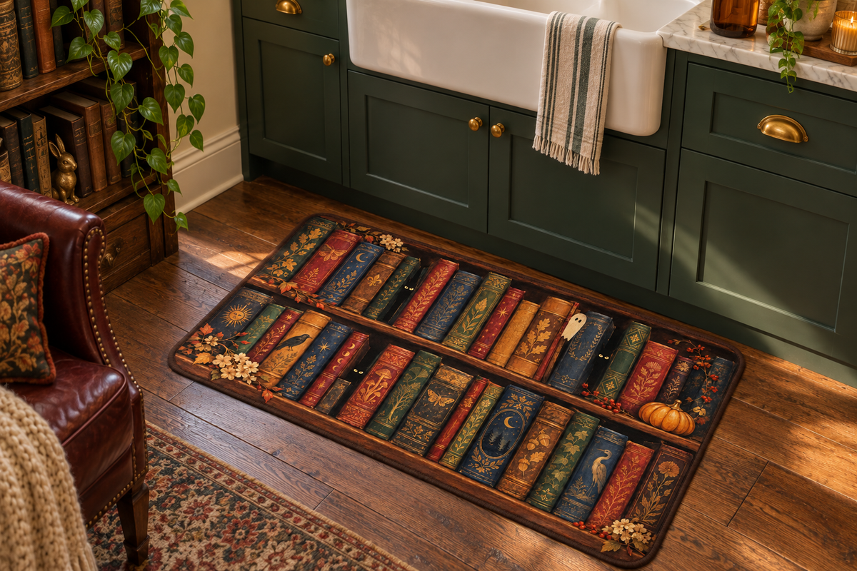 Haunted Bookcase Printed Floor Mat, lifestyle view 2: One mat on the kitchen floor in front of a sink or coffee station, full printed surface readable, no furniture hiding the design.