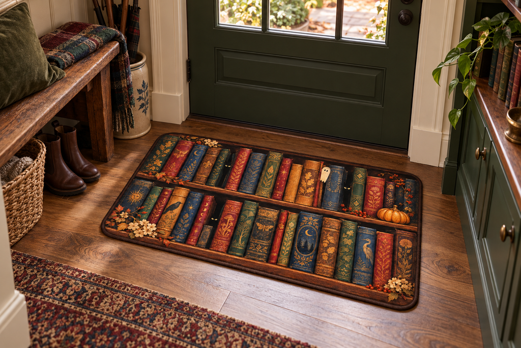 Haunted Bookcase Printed Floor Mat, lifestyle view 3: One mat in a tidy indoor mudroom beside a small bench, photographed slightly above with realistic 16 by 24 inch scale.