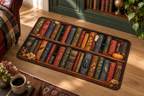 Haunted Bookcase Printed Floor Mat, lifestyle view 4: Close overhead-oblique view of one mat on a clean pale-wood floor near a cabinet, all four corners in frame, soft side light reveals short flannel nap.